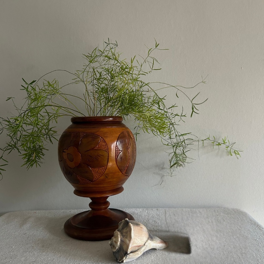 Vintage Wooden handmade Vase with Floral Design